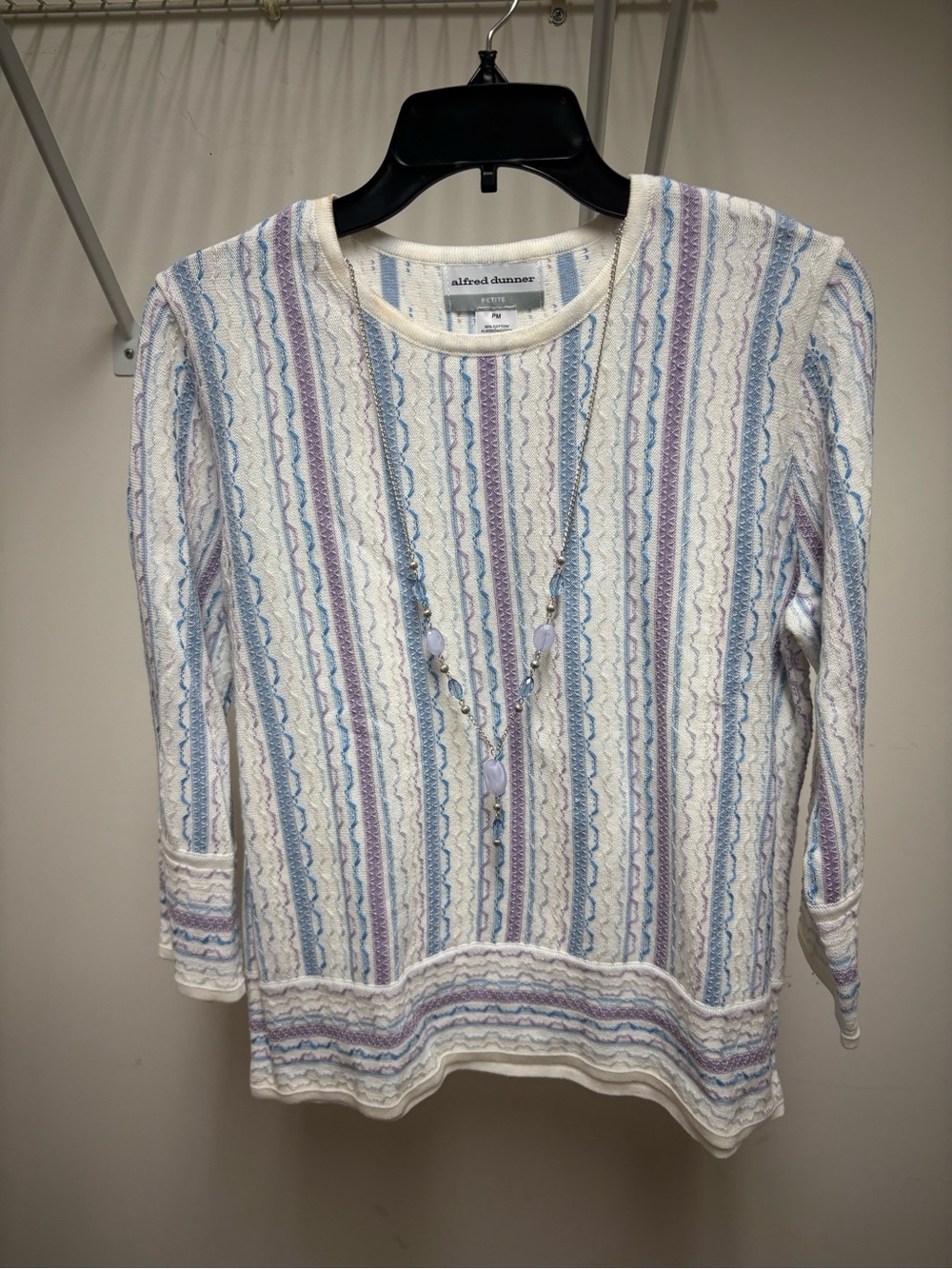 Alfred Dunner Cream Knit Top with Blue and Lavender Stripes